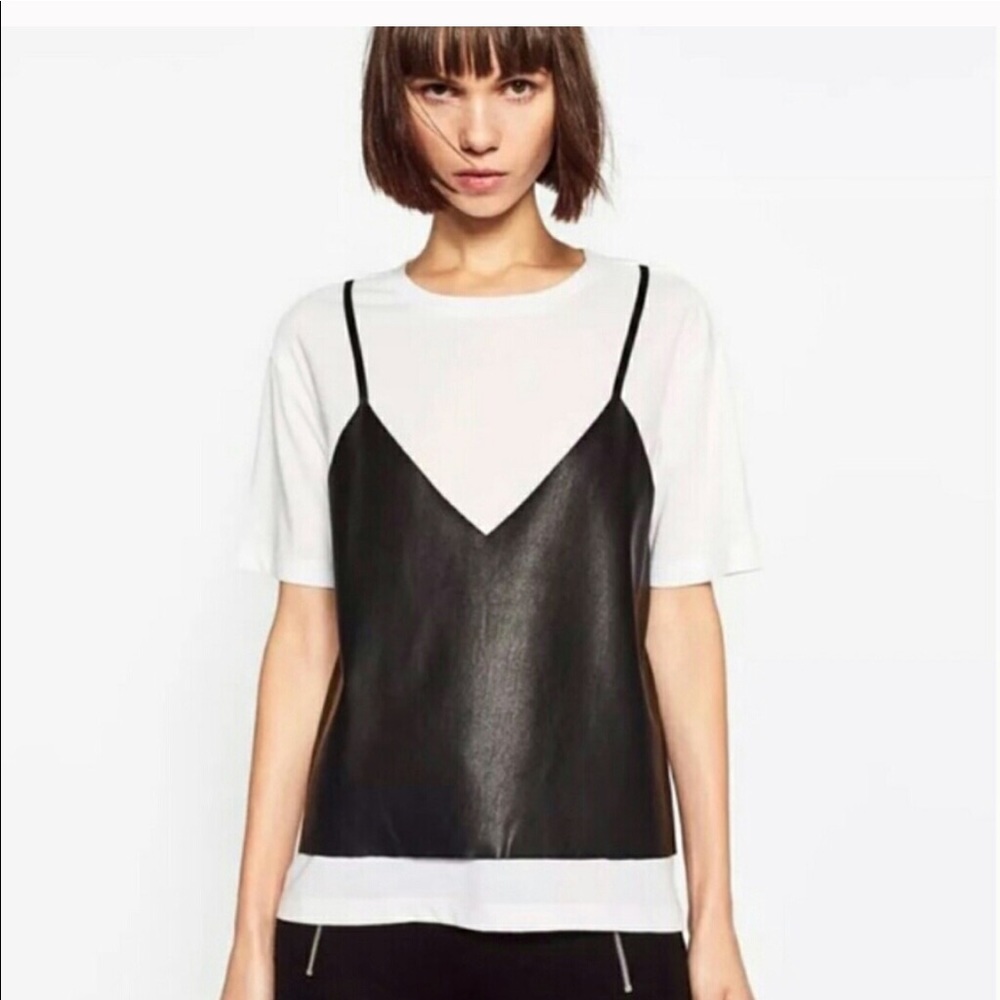 Zara green pleather faux tank over grey tee top.